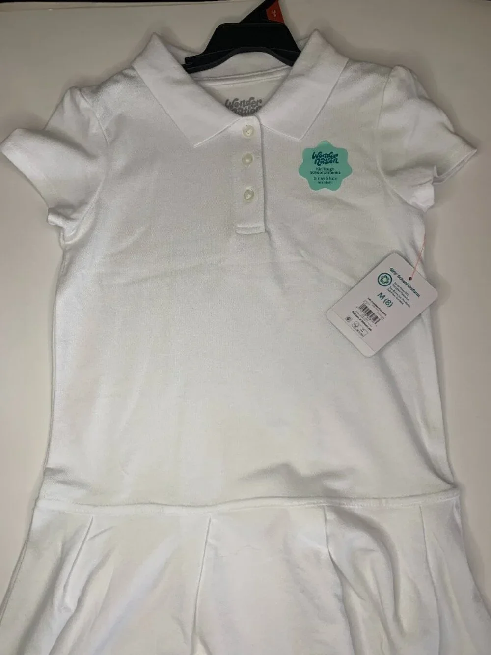 New Wonder Nation Girls School Uniform Short Sleeve Polo Dress, White, Medium(8)